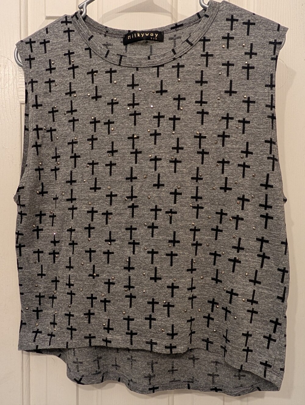 Women's Rhinestone Cross Sleeveless Tee Shirt Size Small Grey Black Punk Goth